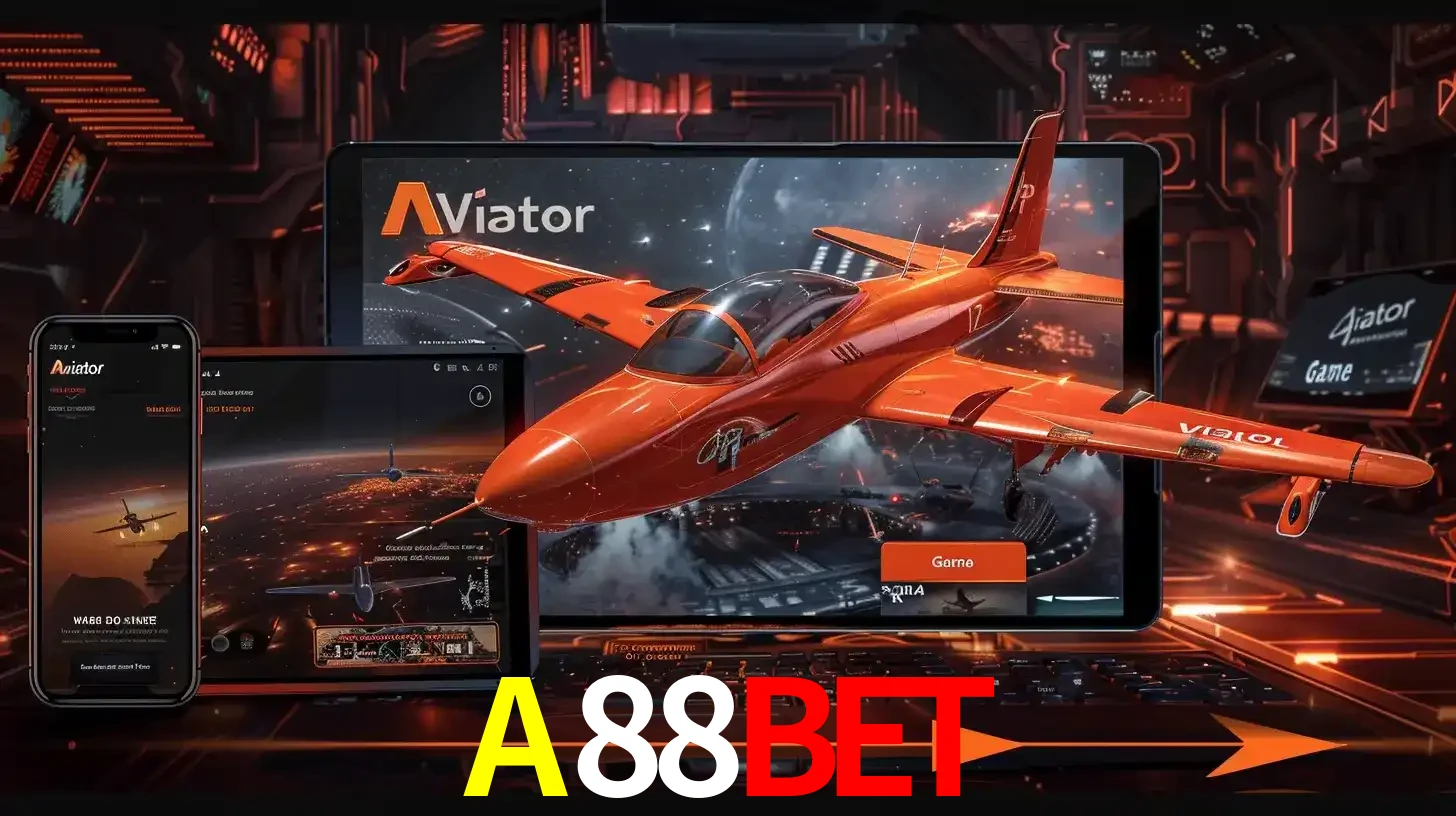 Apresentação tecnológica do jogo Aviator com um avião saindo da tela de um tablet, demonstrando a experiência imersiva em múltiplos dispositivos no A88BET.