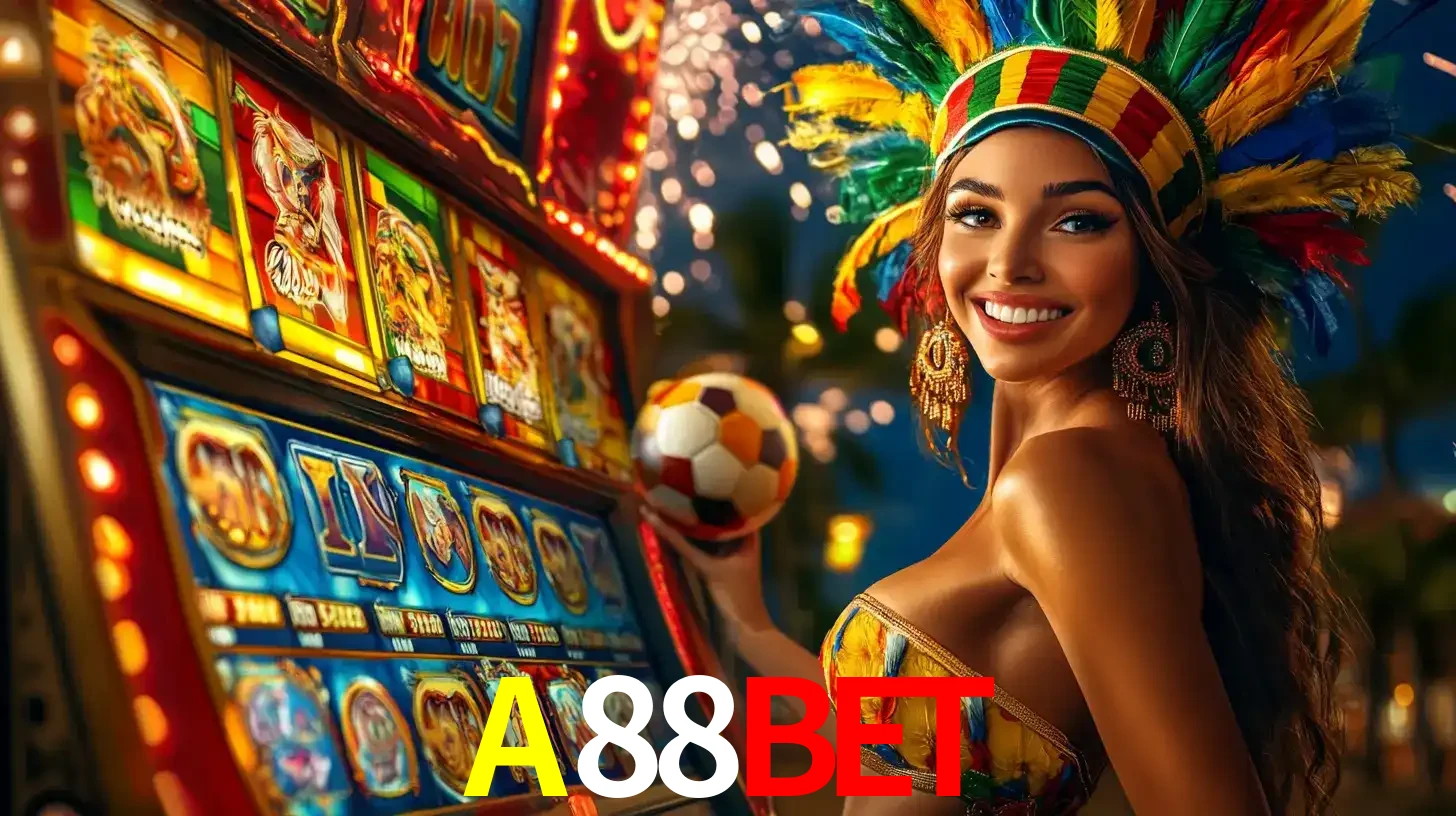 Mulher com um cocar de carnaval ao lado de uma máquina de caça-níqueis enquanto segura uma bola de futebol, mostrando a união da diversão de cassino e esportes no A88BET.