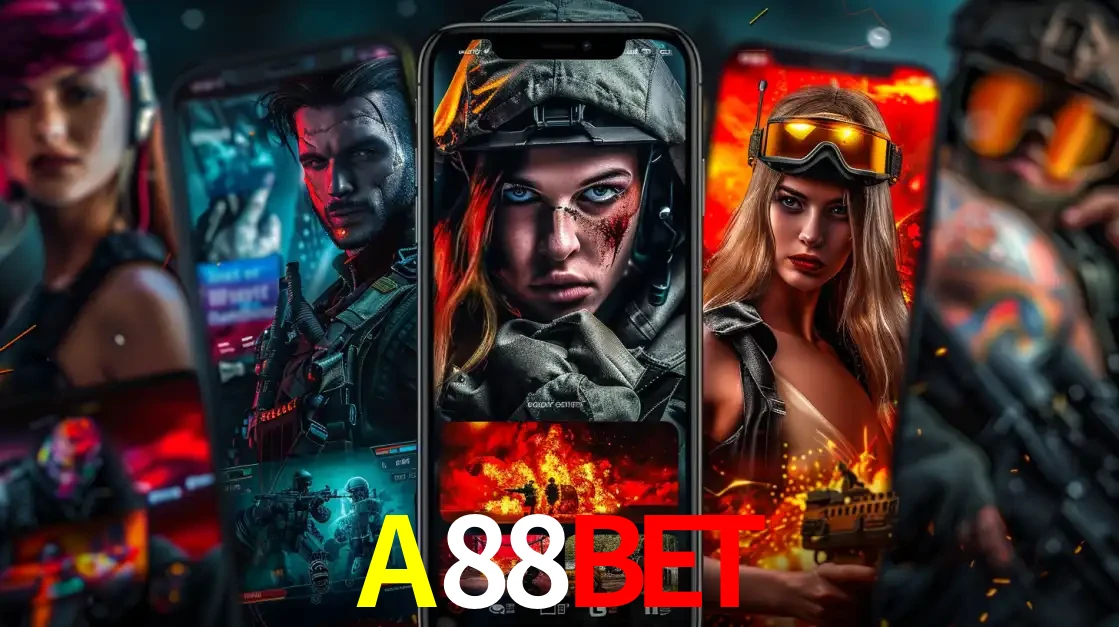 Montagem de telas de celular mostrando diversos personagens, masculinos e femininos, de um jogo de tiro, ilustrando a diversidade de equipes de e-sports para apostar no A88BET.