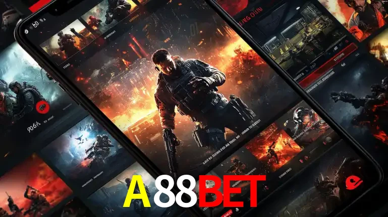 Tela de um celular exibindo uma galeria de jogos de tiro com temática militar, mostrando a variedade de e-sports disponíveis para apostas na plataforma de entretenimento A88BET.