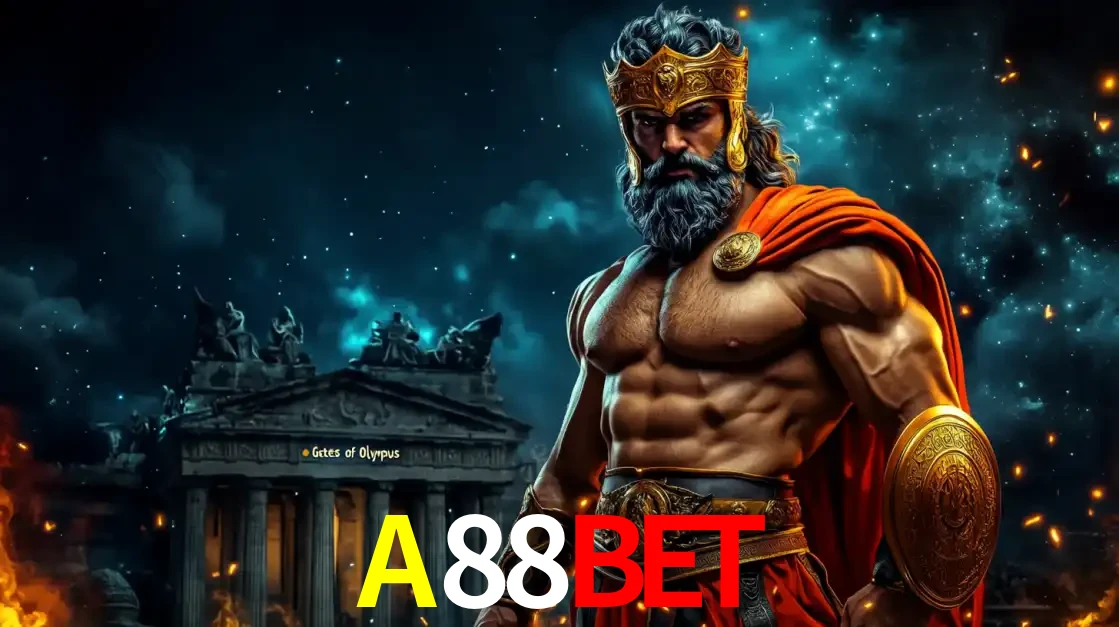 O poderoso Zeus do jogo de slot Gates of Olympus em frente ao seu templo, pronto para lançar multiplicadores divinos e prêmios épicos no cassino online A88BET.