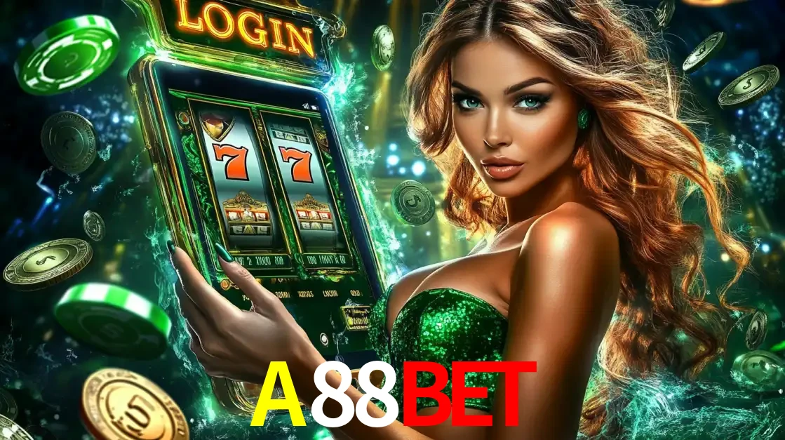 Mulher com tema verde apresentando o aplicativo do cassino A88BET com um jogo de slot de 777, cercada por fichas de cassino e uma aura de sorte.