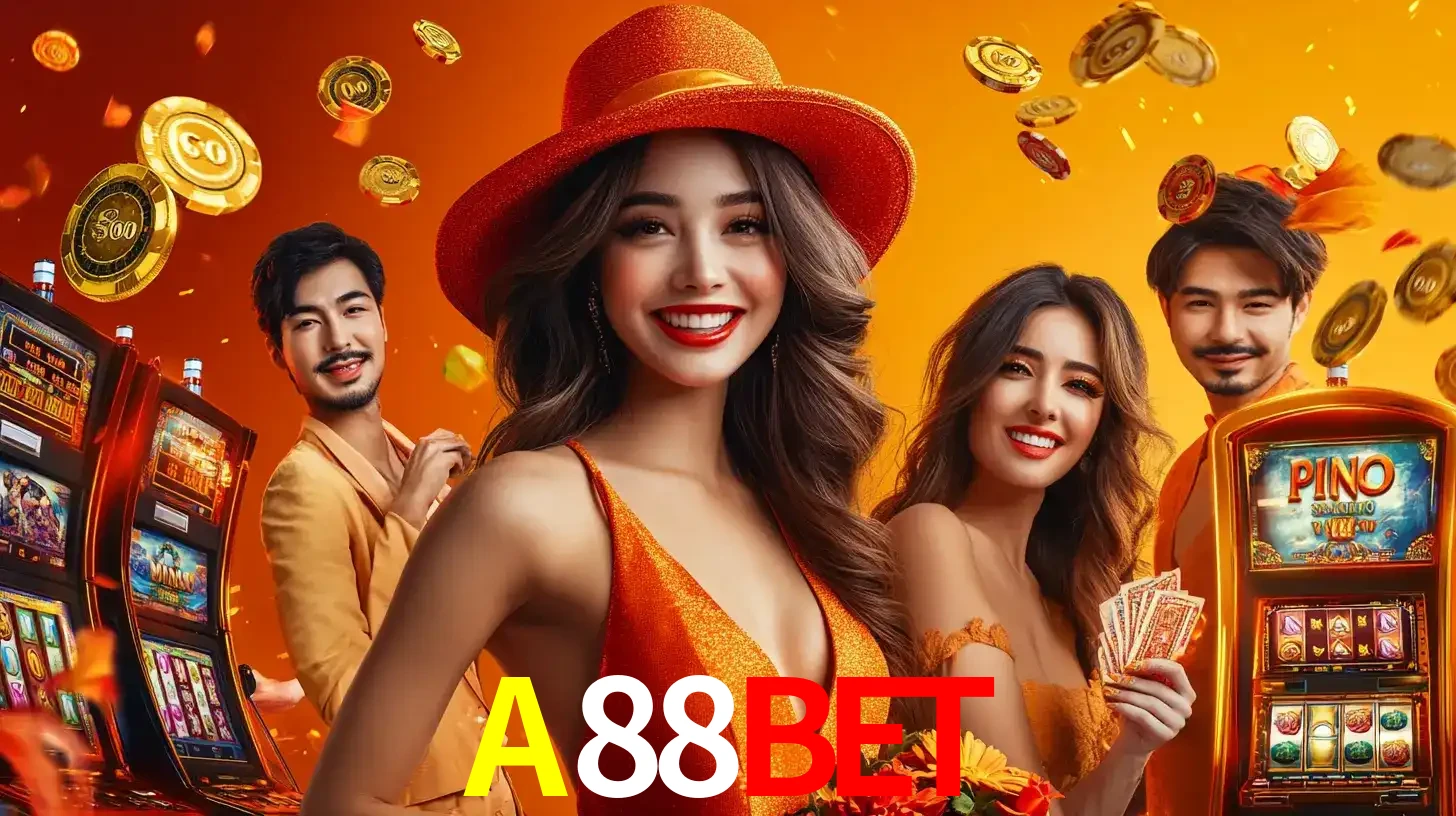 Grupo de amigos asiáticos sorrindo e se divertindo com máquinas de caça-níqueis em um ambiente festivo, celebrando suas vitórias nos jogos de cassino do A88BET.