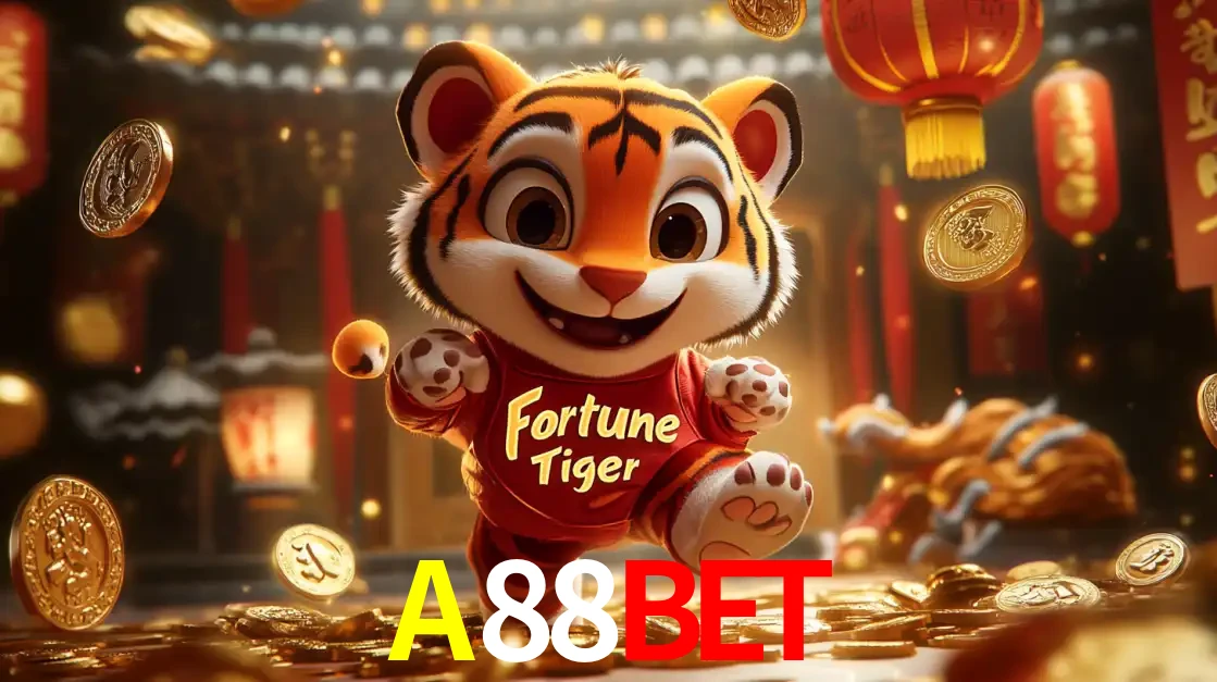 O alegre personagem do Fortune Tiger correndo sobre um caminho de moedas de ouro, simbolizando os grandes prêmios e a diversão do popular jogo de slot do A88BET.