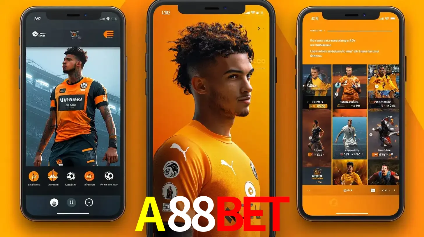 Interface do aplicativo de apostas esportivas A88BET em três telas de celular, mostrando o perfil de um jogador de futebol e a lista de jogos disponíveis para apostar.