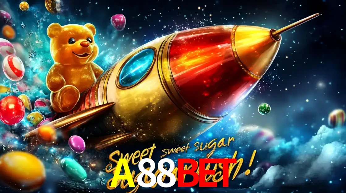 Arte promocional do jogo de slot Sugar Rush, com um urso de pelúcia em um foguete viajando pelo espaço de doces, um dos jogos divertidos disponíveis no cassino A88BET.