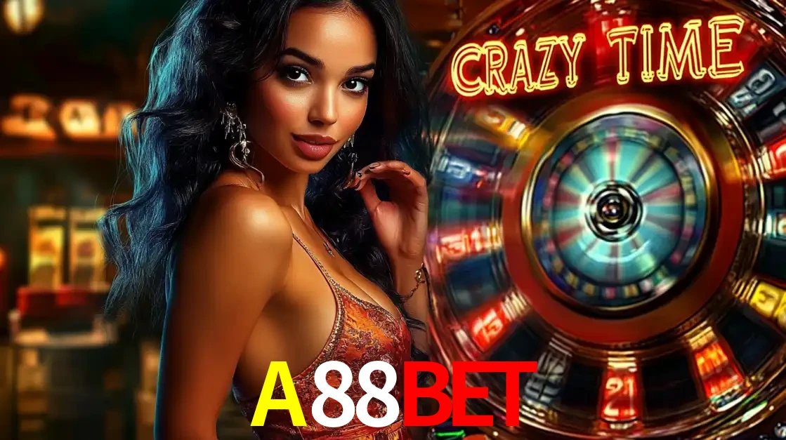Mulher elegante ao lado da vibrante roda da fortuna do jogo de cassino ao vivo Crazy Time, um dos game shows mais populares e cheios de prêmios do A88BET.