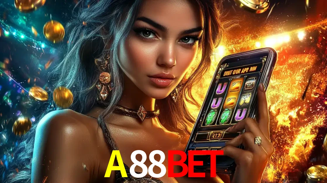 Mulher elegante mostrando um jogo de caça-níqueis em seu smartphone, destacando a experiência de cassino móvel oferecida pelo aplicativo A88BET.