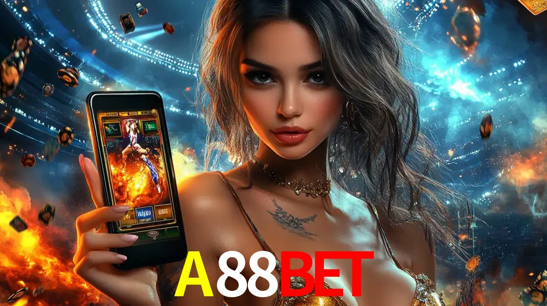 Mulher segurando um celular com um jogo de slot em destaque, tendo como fundo um estádio vibrante, simbolizando a emoção de jogar no cassino móvel A88BET.