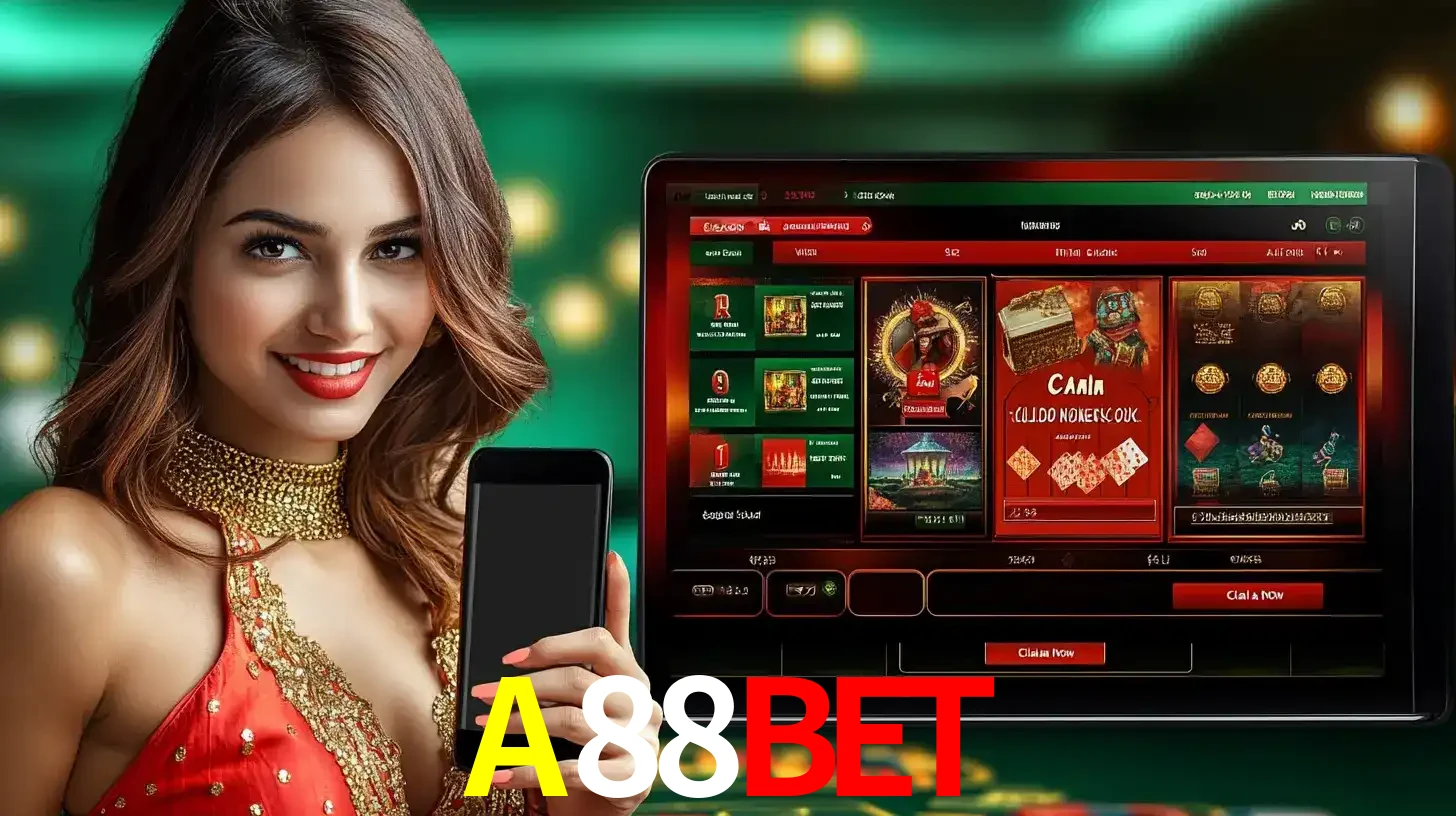 Mulher sorridente segurando um smartphone, ao lado de uma tela exibindo o lobby de jogos do cassino online A88BET, com várias opções de jogos de cartas e slots.